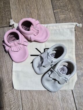Freshly Picked Baby Weathered Silver And Pink Bundle Moccasin Shoes